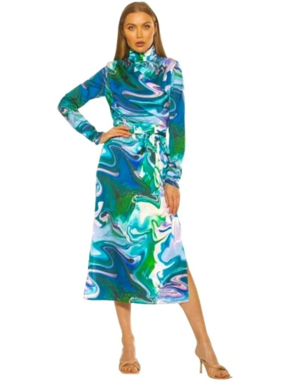 Alexia Admor Mock Neck Turquoise Multi-Color Midi Wrap Dress Abstract Liquid 12